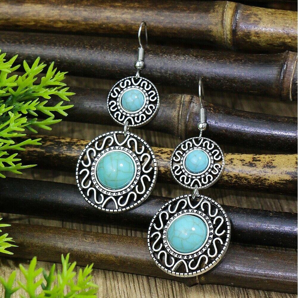 Ethnic Style Alloy Turquoise Drop Earrings Boho Silver Round Retro Moon Oval - Picture 2 of 5